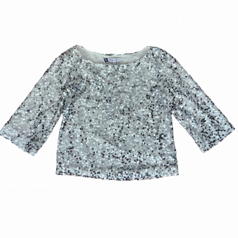 Jennifer Lopez Sequin Crop Top XS 3/4 Sleeve Boatneck Metallic Blouse